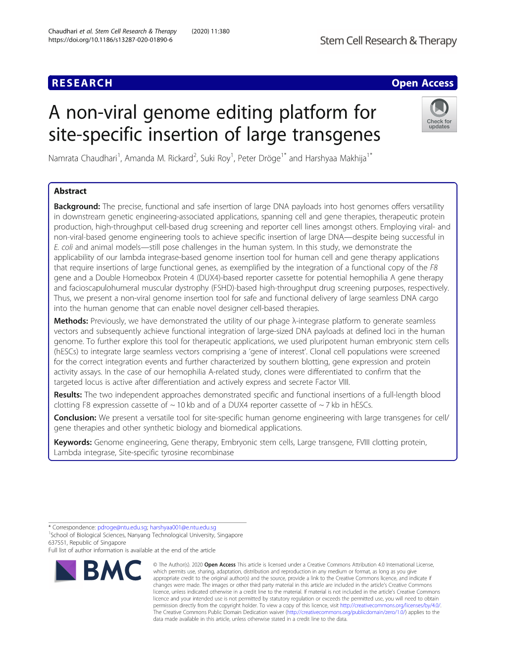 A Non-Viral Genome Editing Platform for Site-Specific Insertion of Large Transgenes Namrata Chaudhari1, Amanda M