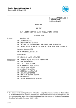Minutes of the 81St Meeting of the RRB (1-19 July 2019)