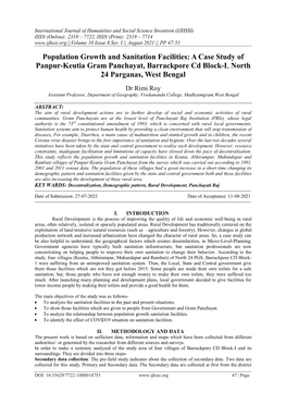 Population Growth and Sanitation Facilities: a Case Study of Panpur-Keutia Gram Panchayat, Barrackpore Cd Block-I, North 24 Parganas, West Bengal