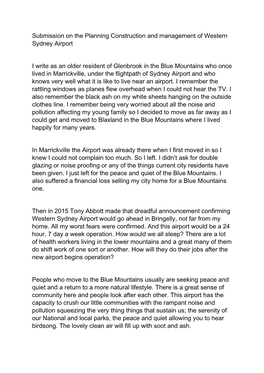 Submission on the Planning Construction and Management of Western Sydney Airport I Write As an Older Resident of Glenbrook in Th