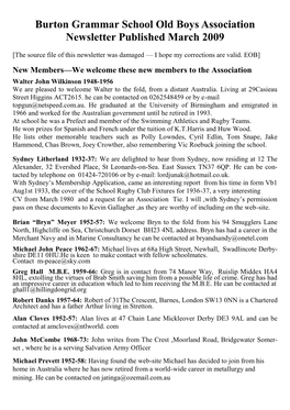 Burton Grammar School Old Boys Association Newsletter Published March 2009