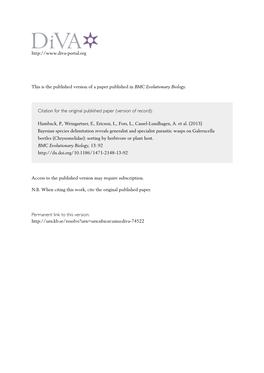 Bayesian Species Delimitation Reveals Generalist and Specialist Parasitic Wasps on Galerucella Beetles (Chrysomelidae): Sorting by Herbivore Or Plant Host