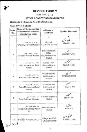 REVISED FORM V [See Rule 7 ( 1 )] LIST of CONTESTING CANDIDATES Election to the Provincial Assembly of the Punjab