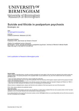 Suicide and Filicide in Postpartum Psychosis Brockington, Ian