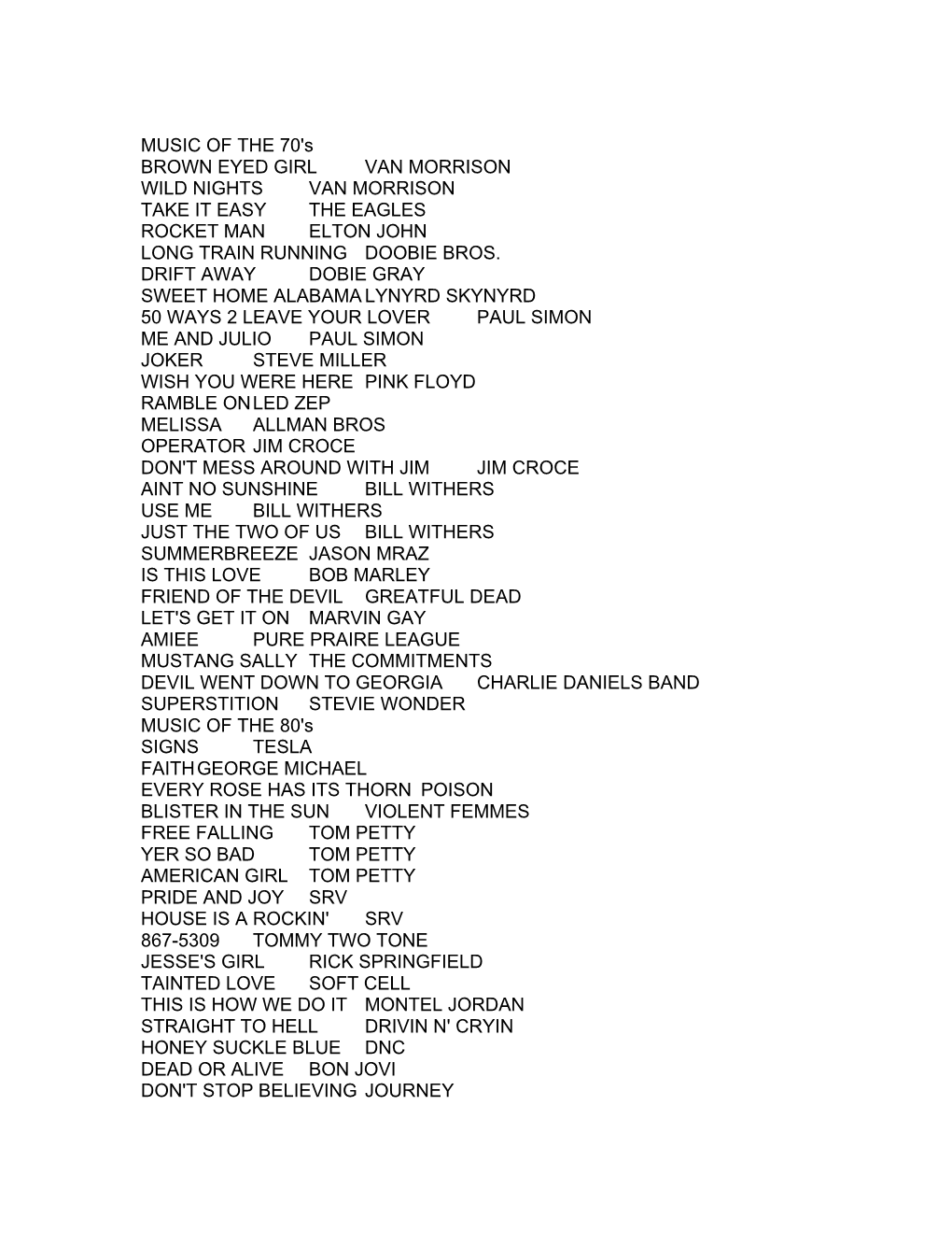 MUSIC of the 70'S BROWN EYED GIRL VAN MORRISON WILD NIGHTS VAN MORRISON TAKE IT EASY the EAGLES ROCKET MAN ELTON JOHN LONG TRAIN RUNNING DOOBIE BROS