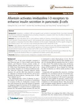 Allantoin Activates Imidazoline I-3 Receptors to Enhance Insulin