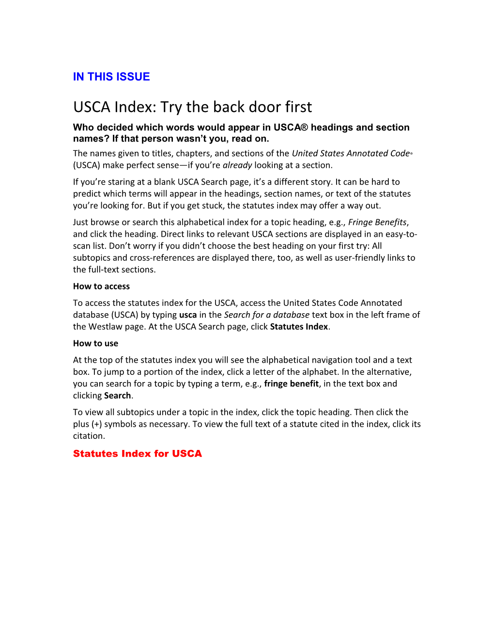 USCA Index: Try the Back Door First