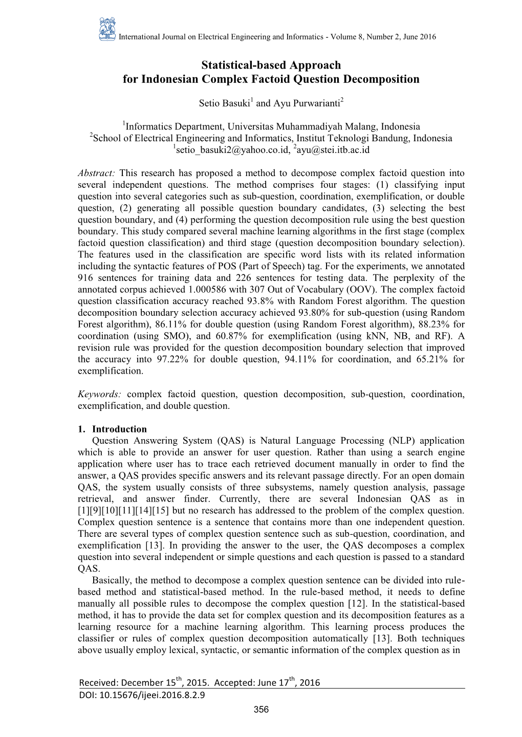 Statistical-Based Approach for Indonesian Complex Factoid Question Decomposition