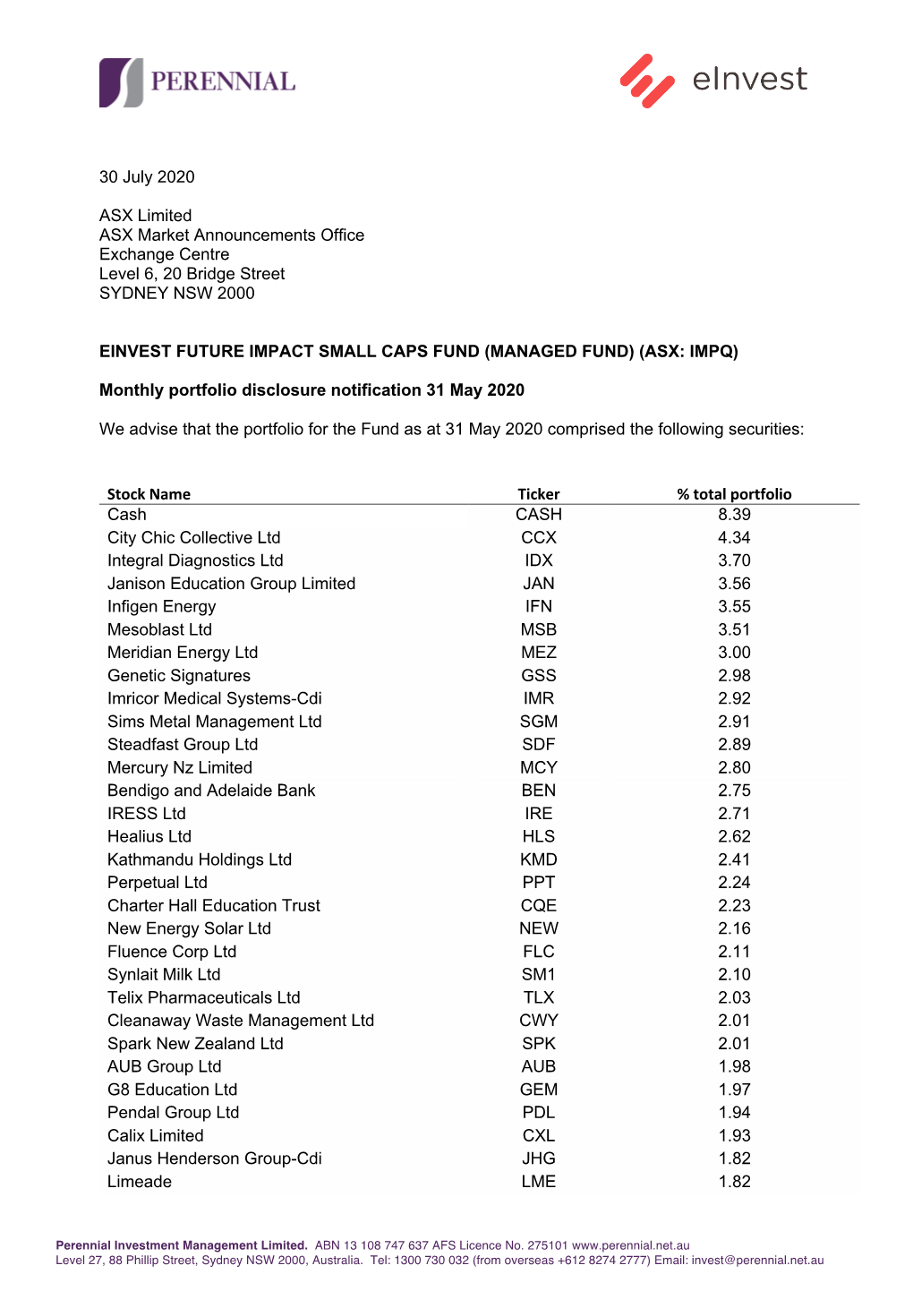 30 July 2020 ASX Limited ASX Market Announcements Office Exchange