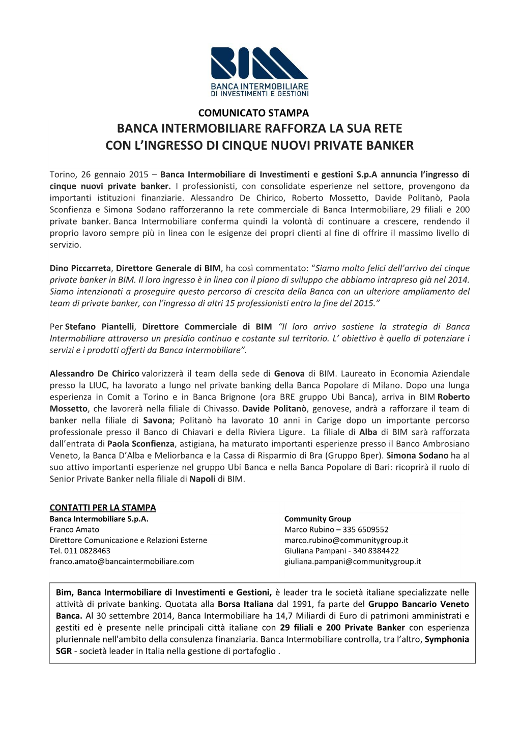 Banca Intermobiliare Rafforza La Sua Rete Con L'ingresso Di Cinque Nuovi Private Banker