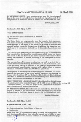 PROCLAMATION 5223—JULY 16, 1984 98 STAT. 3621 Year of the Ocean Captive Nations Week, 1984