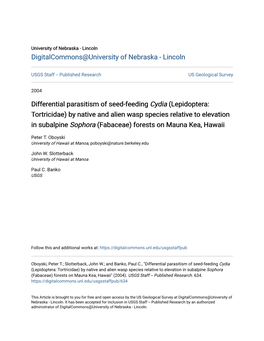 Differential Parasitism of Seed-Feeding &lt;I&gt;Cydia&lt;/I&gt;