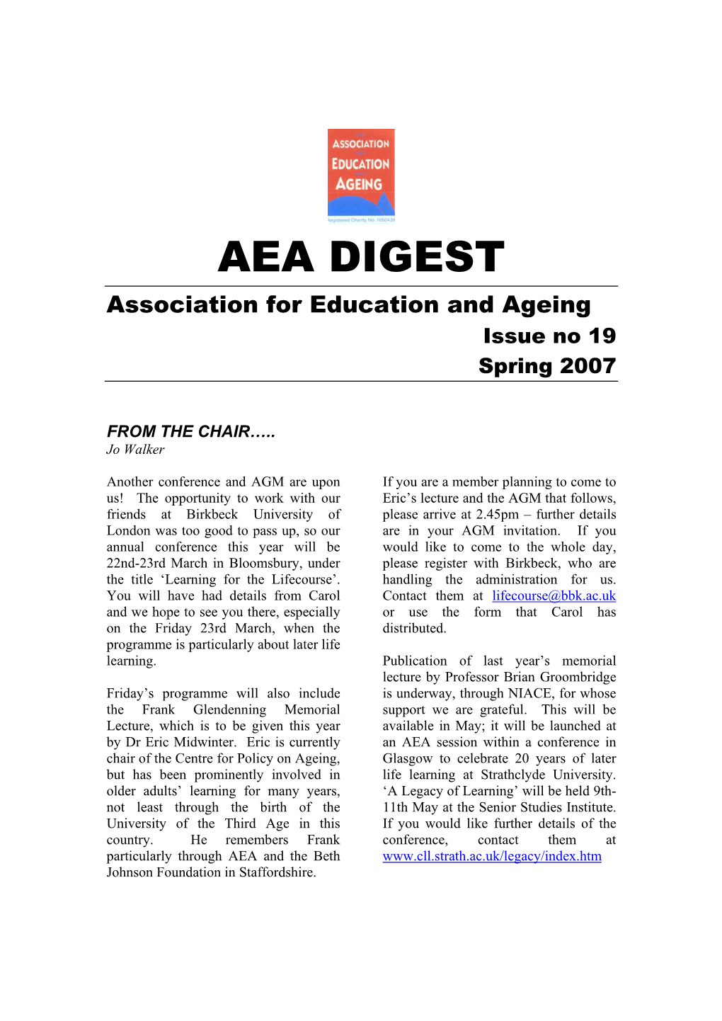 AEA DIGEST Association for Education and Ageing Issue No 19 Spring 2007