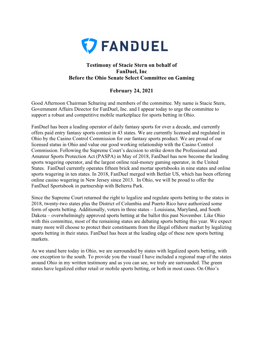 Fanduel Ohio Select Committee on Gaming Testimony 2-24-21