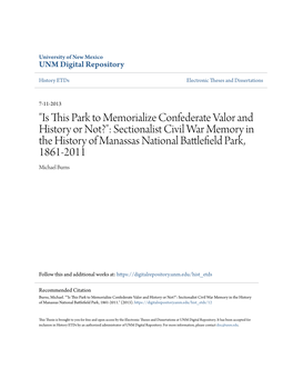 Sectionalist Civil War Memory in the History of Manassas National Battlefielda P Rk, 1861-2011 Michael Burns