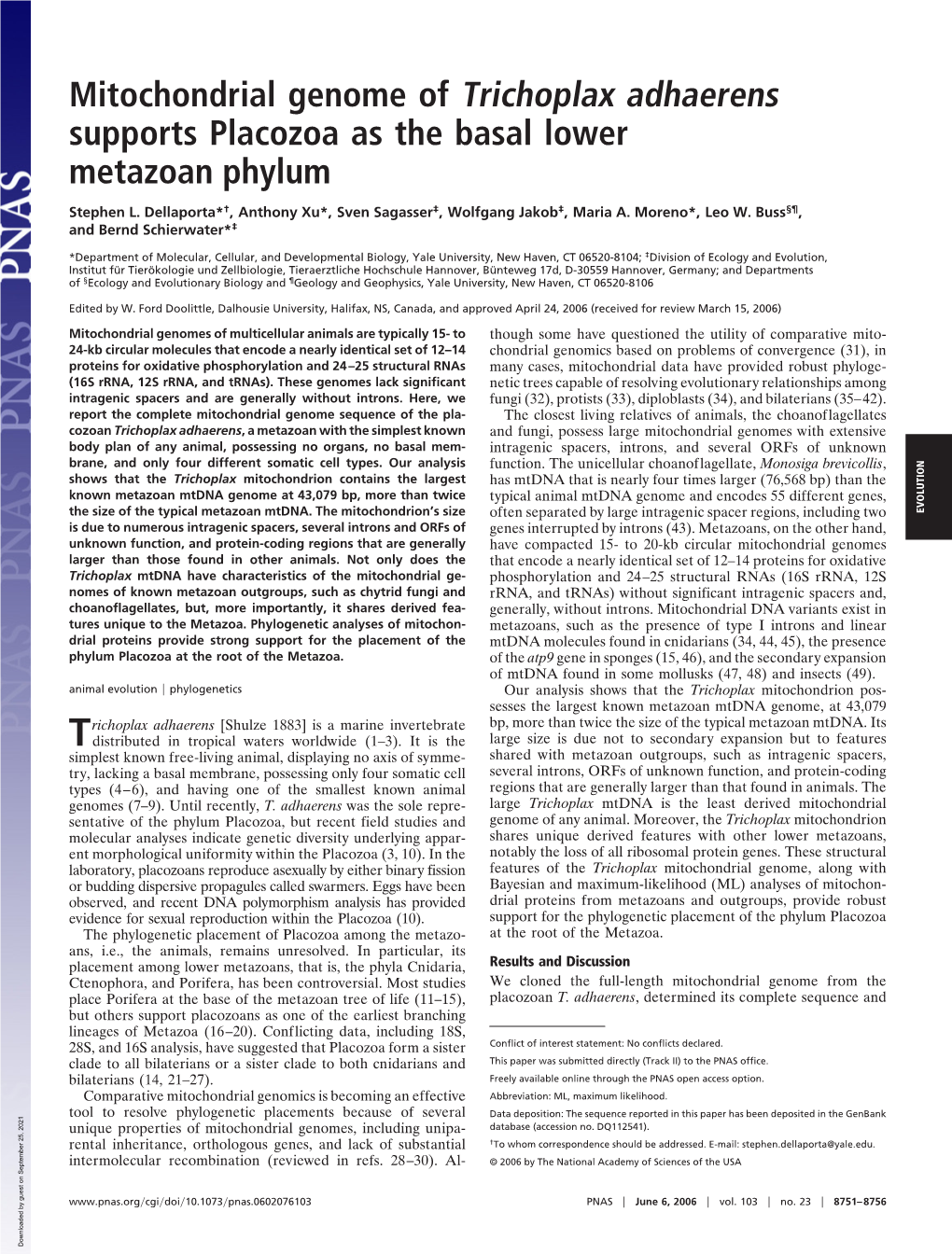 Mitochondrial Genome of Trichoplax Adhaerens Supports Placozoa As the Basal Lower Metazoan Phylum