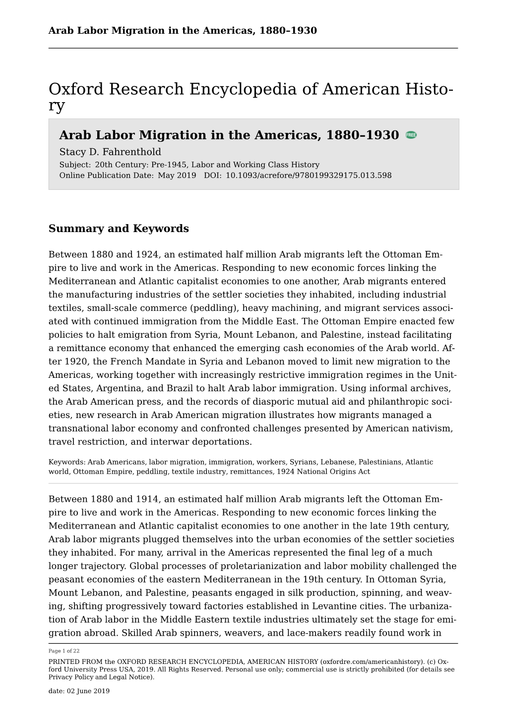 Arab Labor Migration in the Americas, 1880–1930
