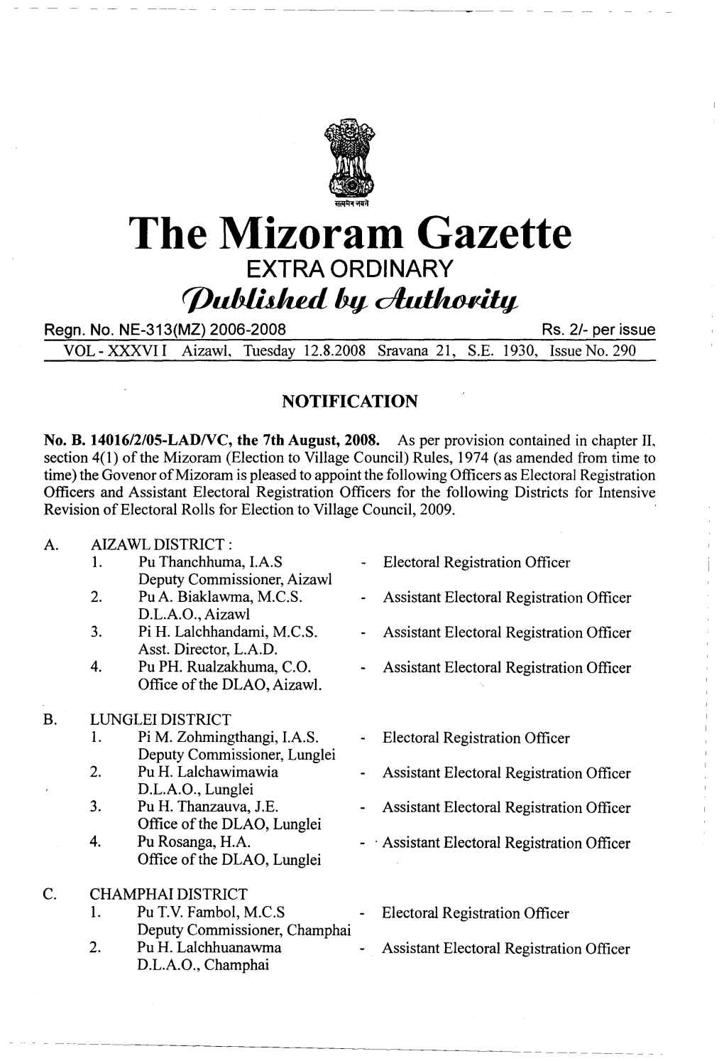 The Mizoram Gazette EXTRA ORDINARY Qju1jlhjud by ~ Regn