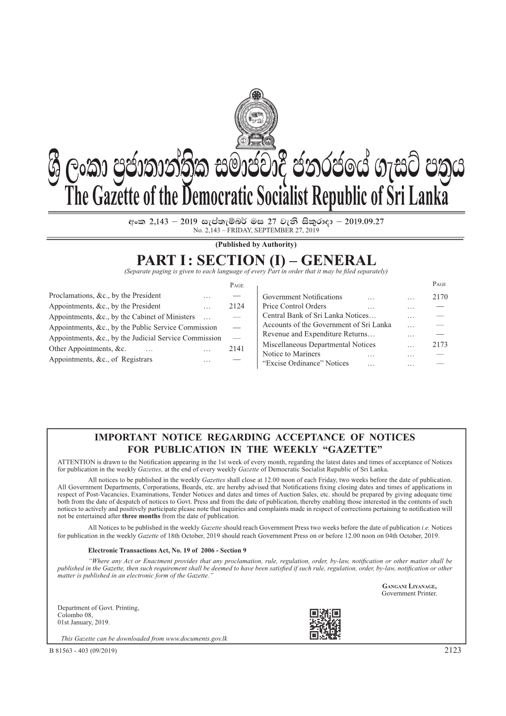 The Gazette of the Democratic Socialist Republic of Sri Lanka Wxl 2"143 – 2019 Iema;Eïn¾ Ui 27 Jeks Isl=Rdod – 2019'09'27 No