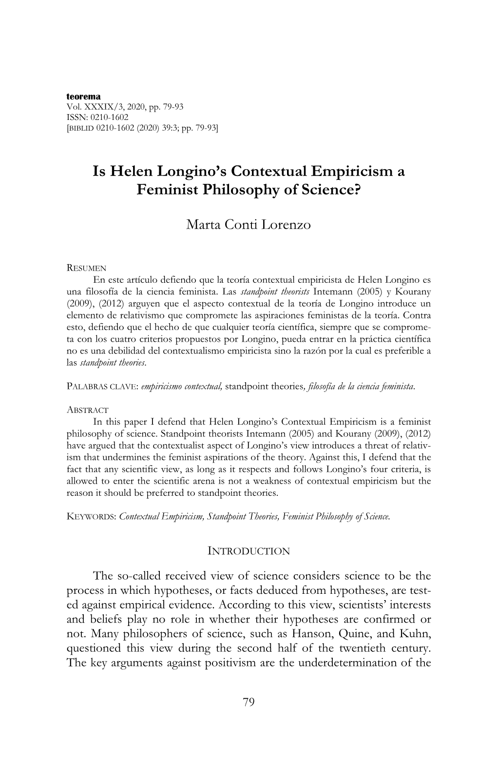 Is Helen Longino's Contextual Empiricism a Feminist Philosophy