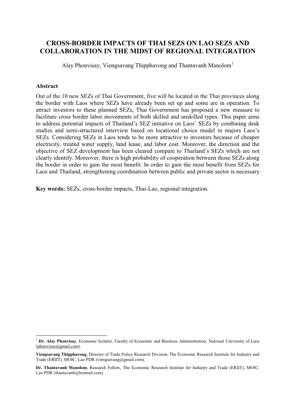 Cross-Border Impacts of Thai Sezs on Lao Sezs and Collaboration in the Midst of Regional Integration