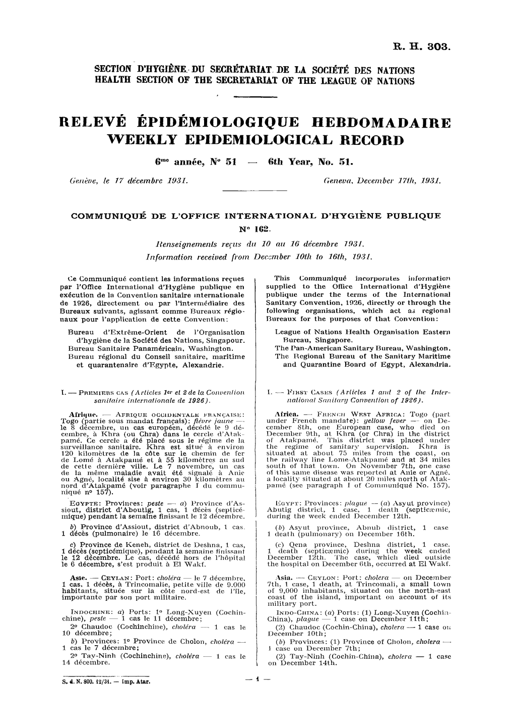 Relevé Épidémiologique Hebdomadaire Weekly Epidemiological Record