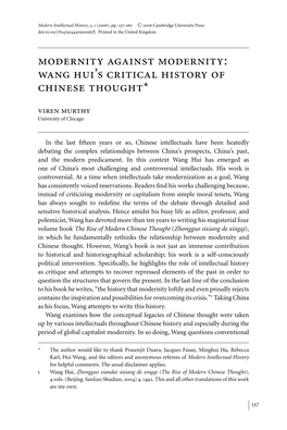 Modernity Against Modernity: Wang Hui's Critical History of Chinese Thought