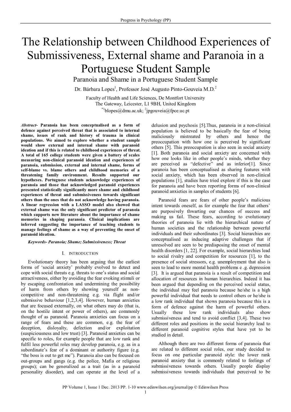 The Relationship Between Childhood Experiences of Submissiveness, External Shame and Paranoia in a Portuguese Student Sample