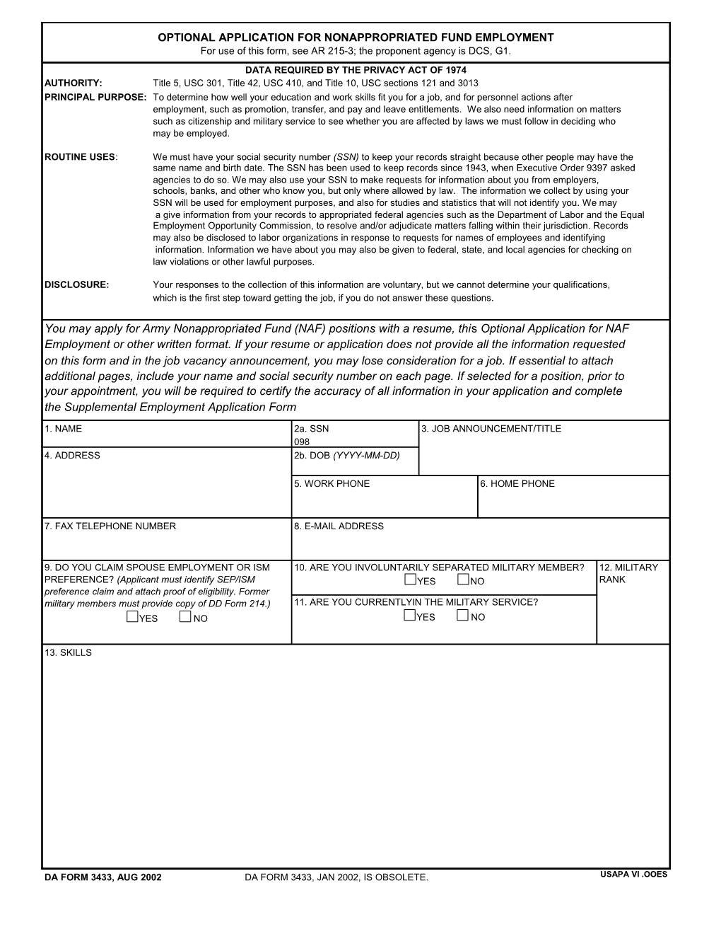 Optional Application for Nonappropriated Fund Employment