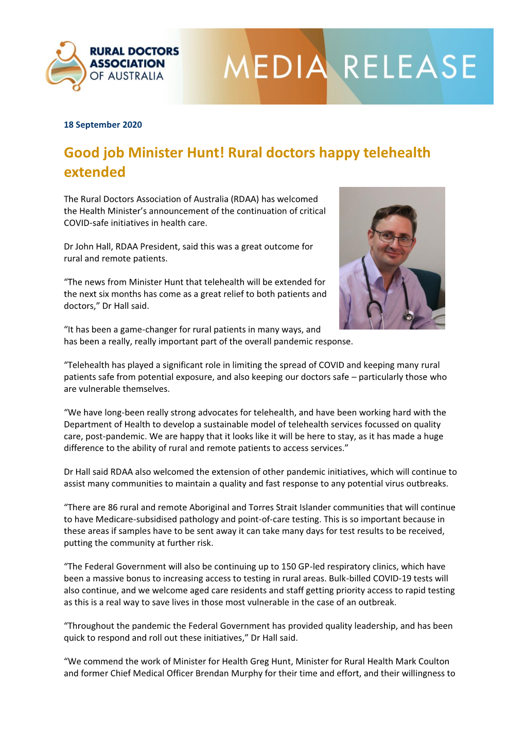 Good Job Minister Hunt! Rural Doctors Happy Telehealth Extended