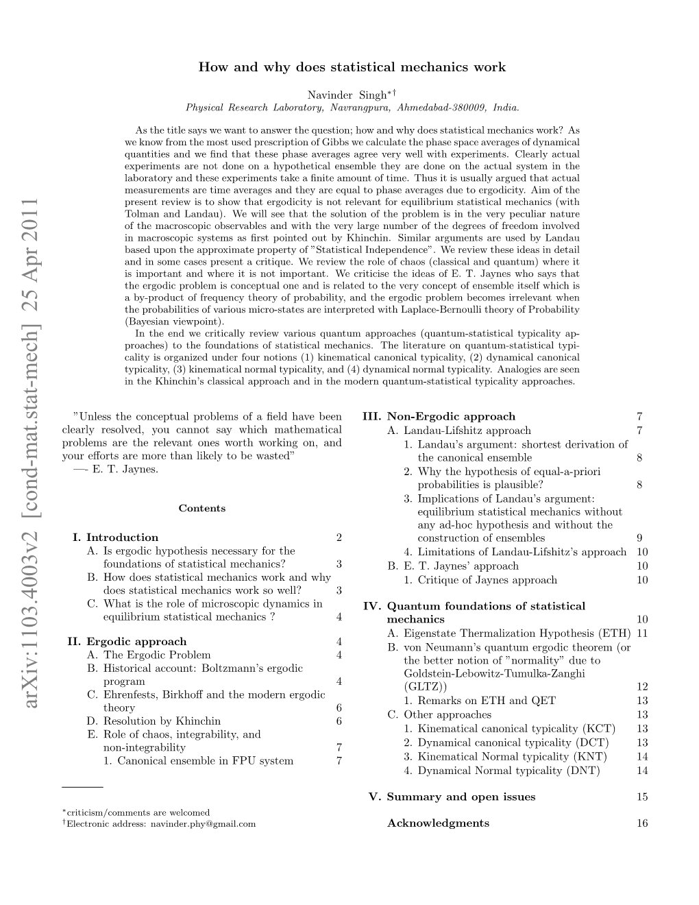 Arxiv:1103.4003V2 [Cond-Mat.Stat-Mech] 25 Apr 2011 Theory 6 C