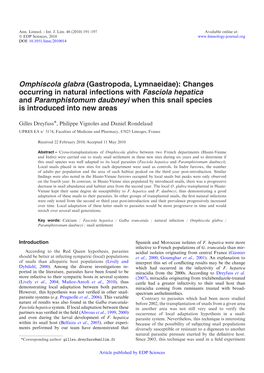 Changes Occurring in Natural Infections with Fasciola Hepatica and Paramphistomum Daubneyi When This Snail Species Is Introduced Into New Areas