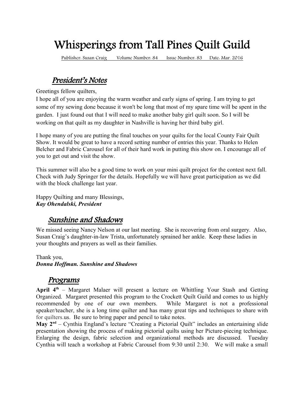 Whisperings from Tall Pines Quilt Guild