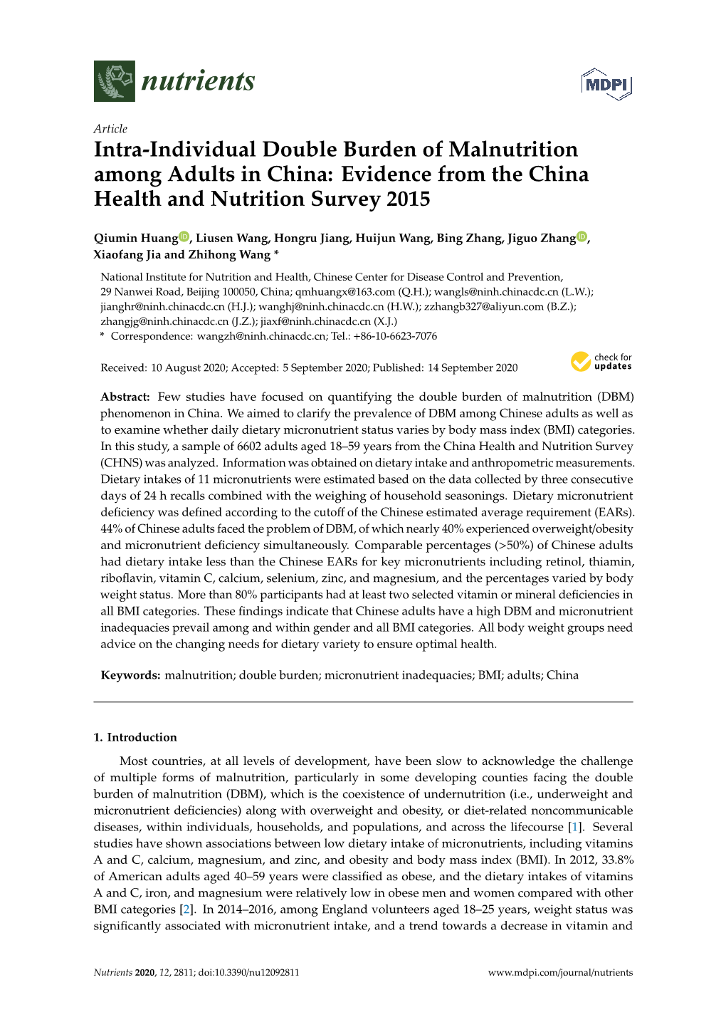 Intra-Individual Double Burden of Malnutrition Among Adults in China: Evidence from the China Health and Nutrition Survey 2015
