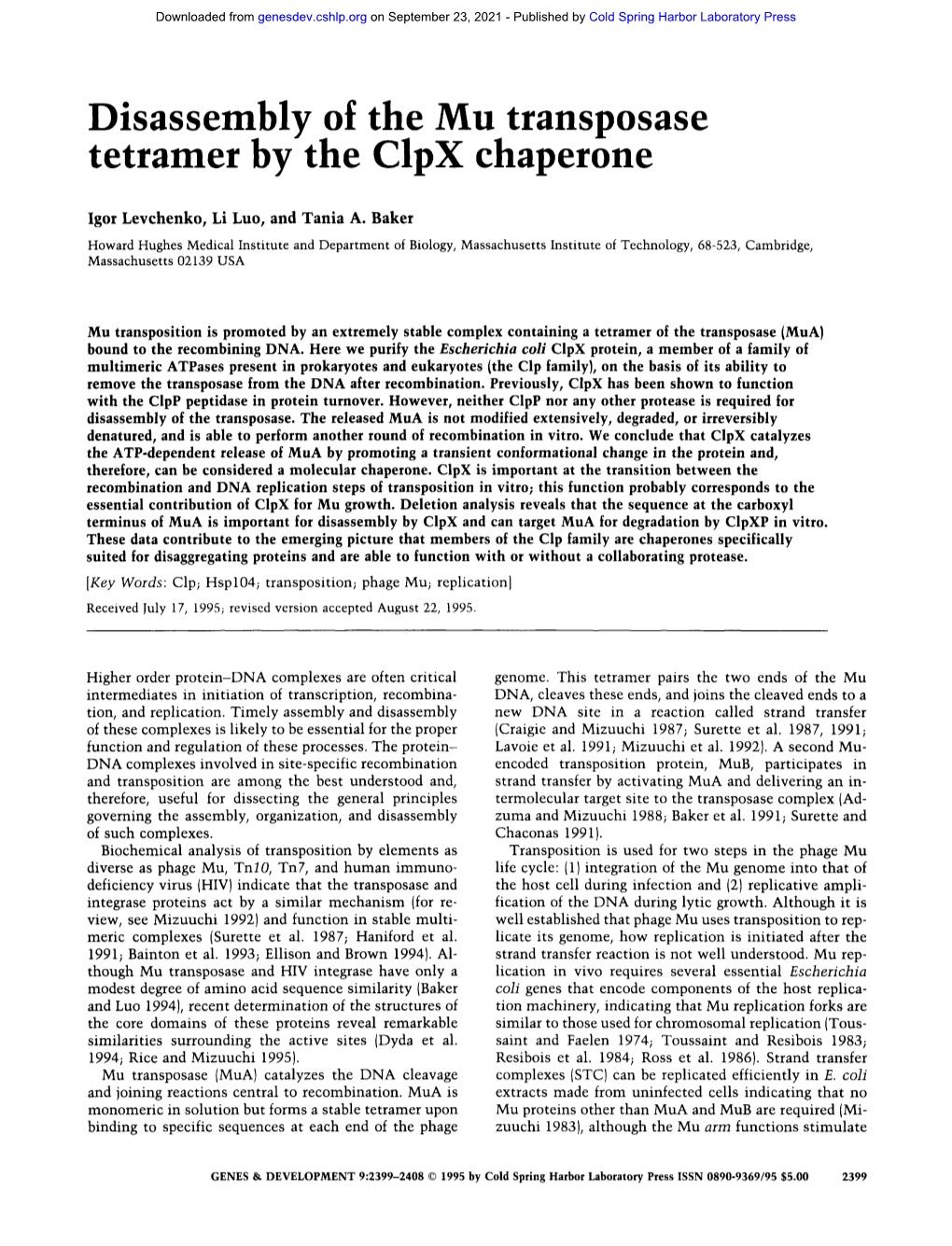 Disassembly of the Mu Transposase Tetramer by the Clpx Chaperone