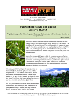 Puerto Rico: Nature and Birding January 3-11, 2013