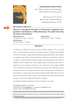 Threats to Academic Freedom in Venezuela: Legislative Im- Positions and Patterns of Discrimination Towards University Teachers and Students