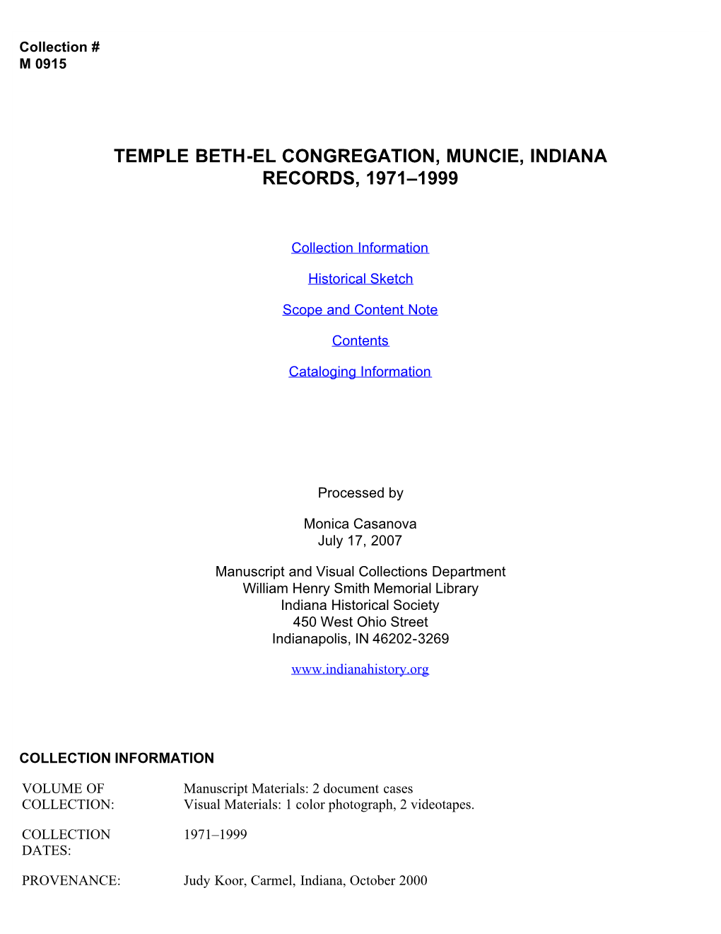 Temple Beth El Congregation, Muncie, Indiana Records