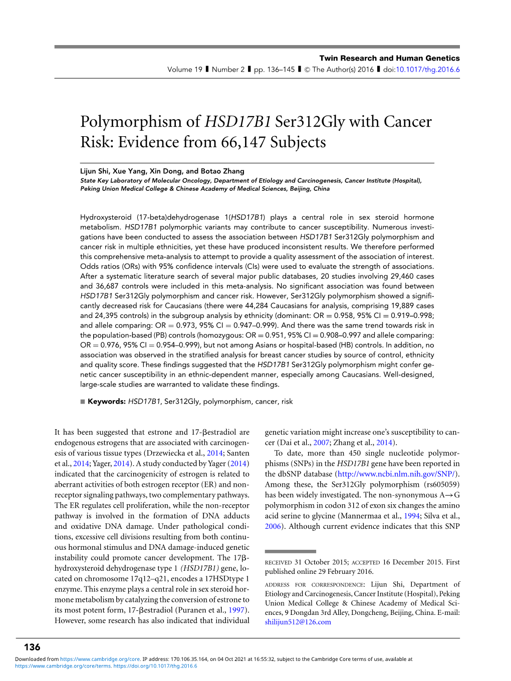 Polymorphism of HSD17B1 Ser312gly with Cancer Risk: Evidence from 66,147 Subjects