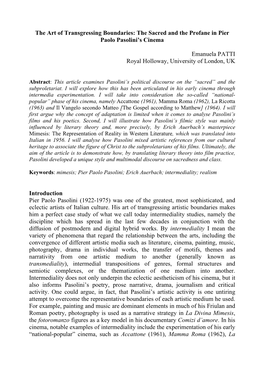 The Art of Transgressing Boundaries: the Sacred and the Profane in Pier Paolo Pasolini's Cinema Emanuela PATTI Royal Holloway
