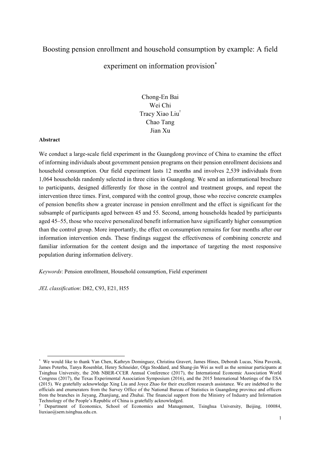 Boosting Pension Enrollment and Household Consumption by Example: a Field Experiment on Information Provision