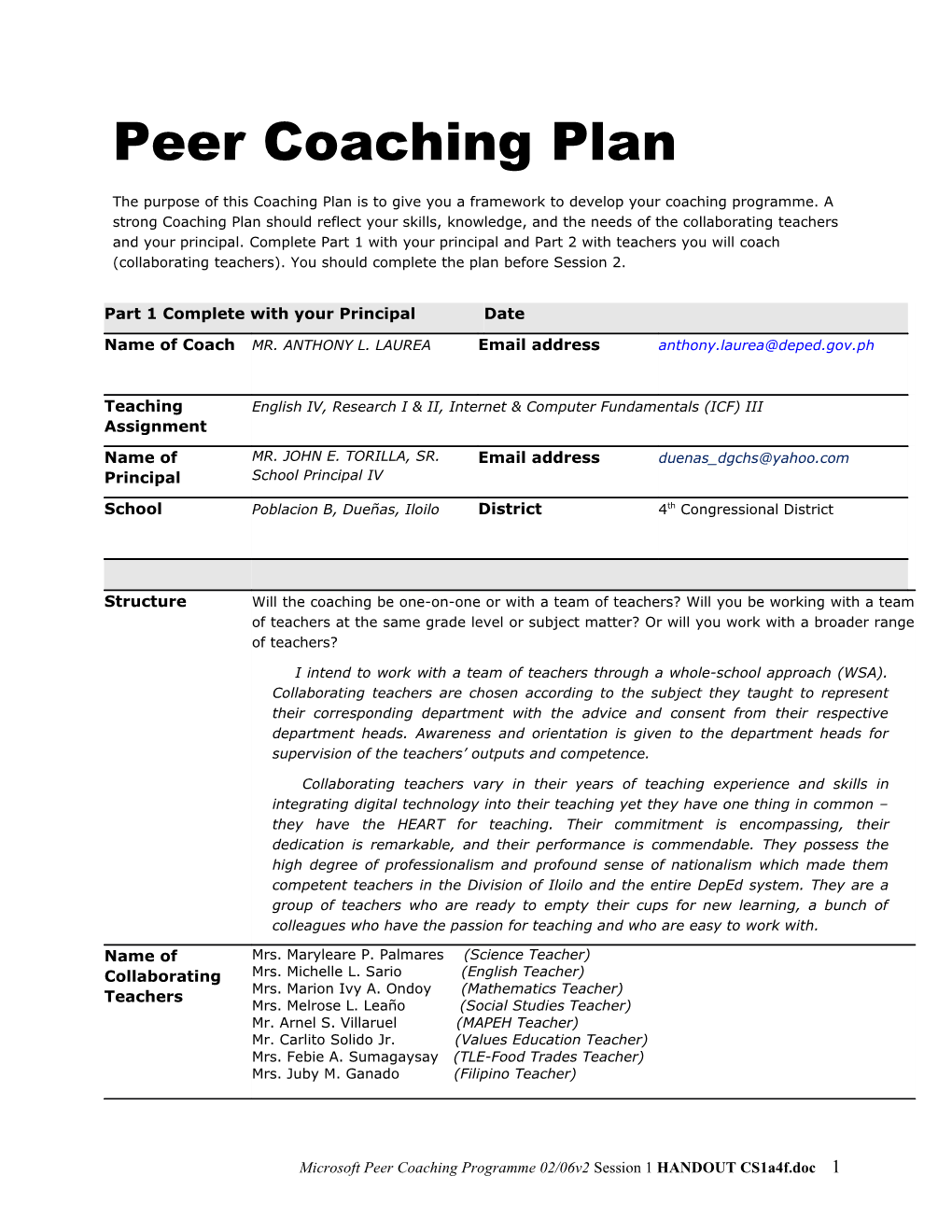 Sample Peer Coaching Plan