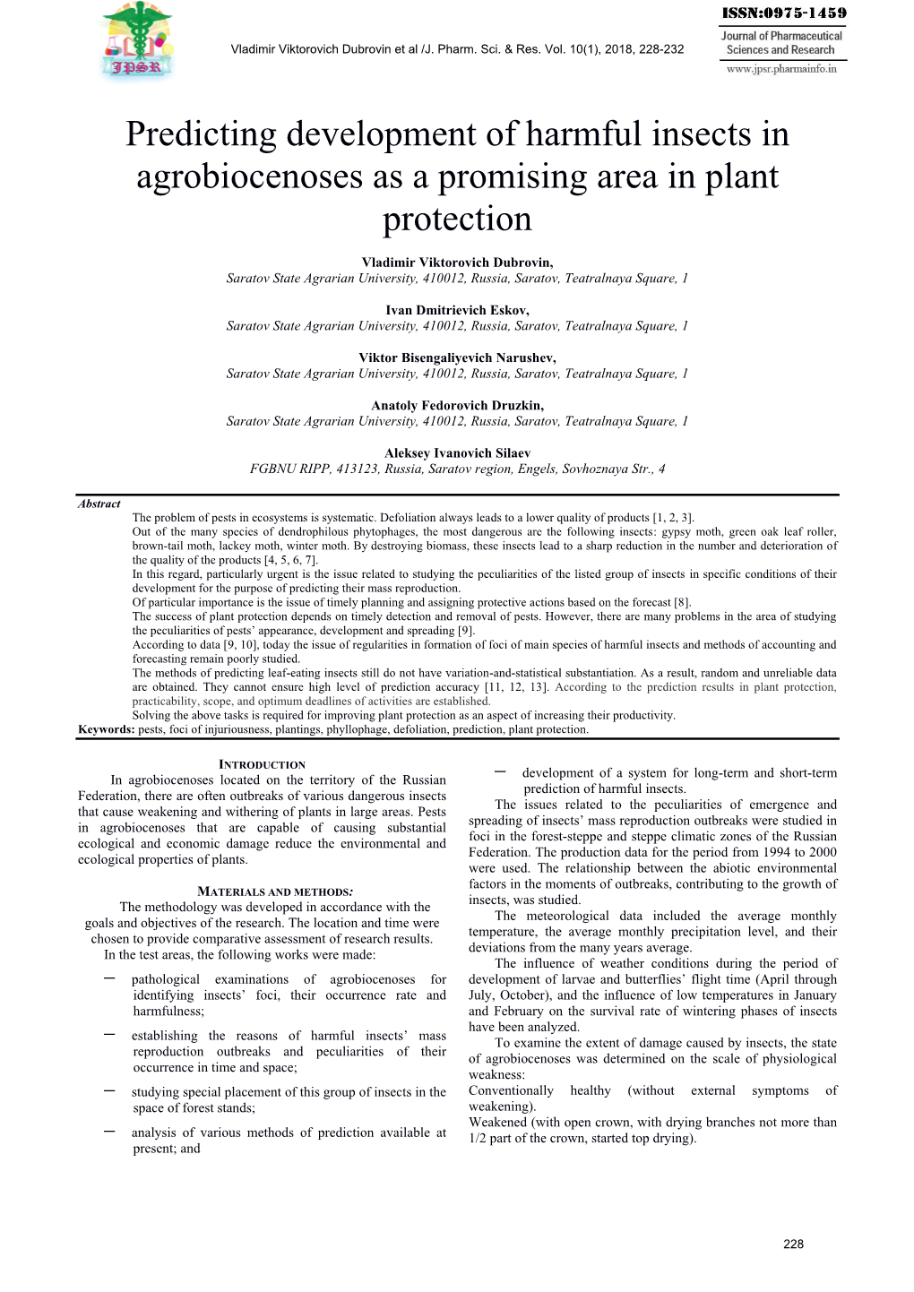 Predicting Development of Harmful Insects in Agrobiocenoses As a Promising Area in Plant Protection