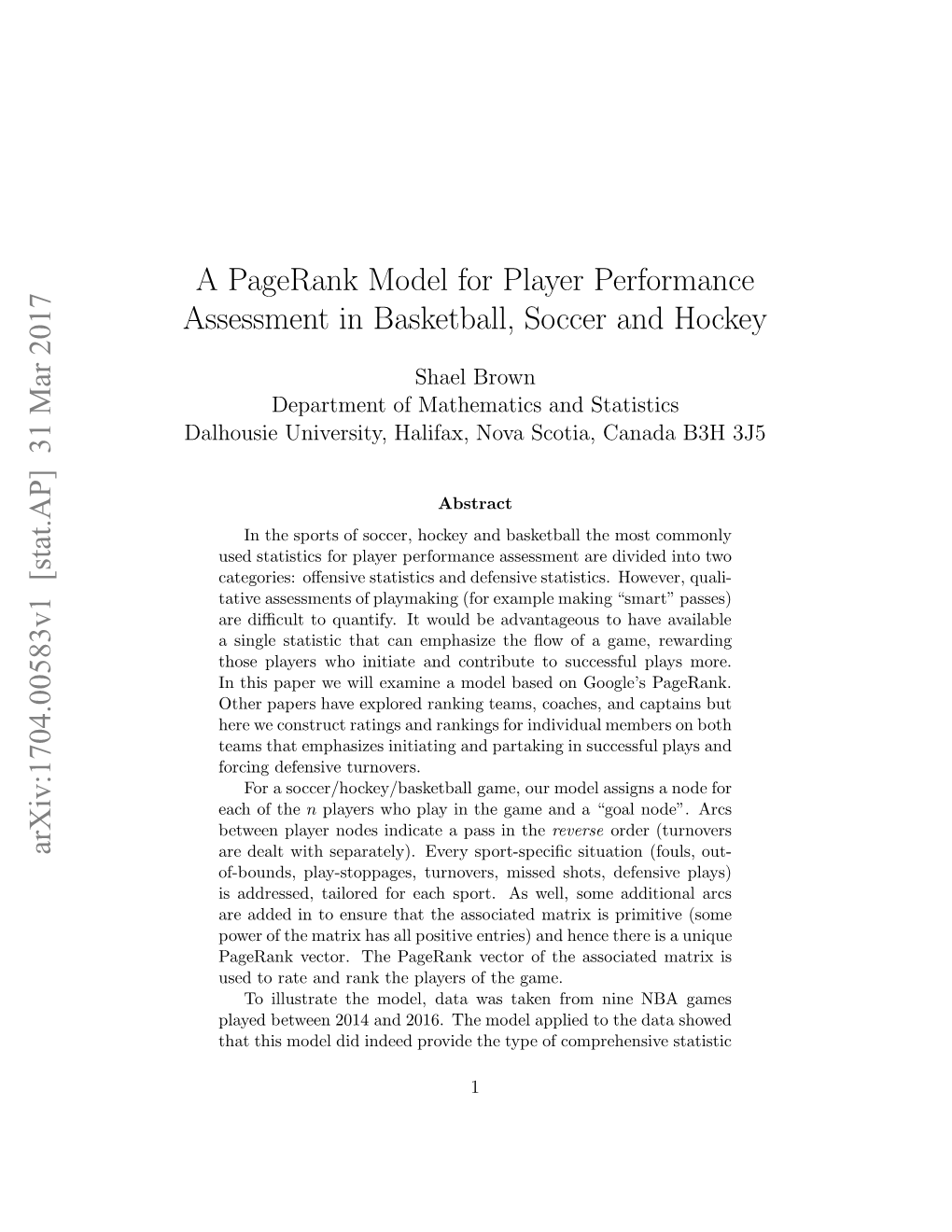 A Pagerank Model for Player Performance Assessment In