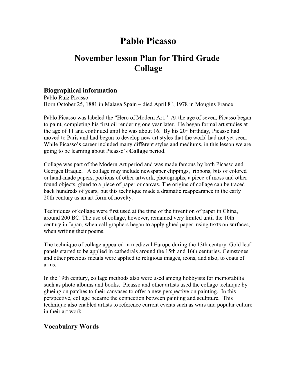 November Lesson Plan for Third Grade