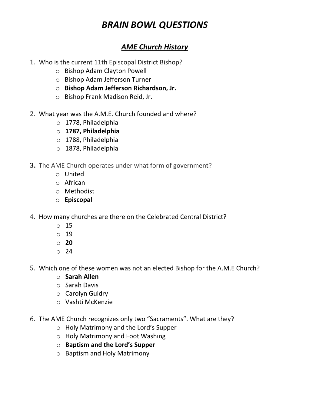 Brain Bowl Questions