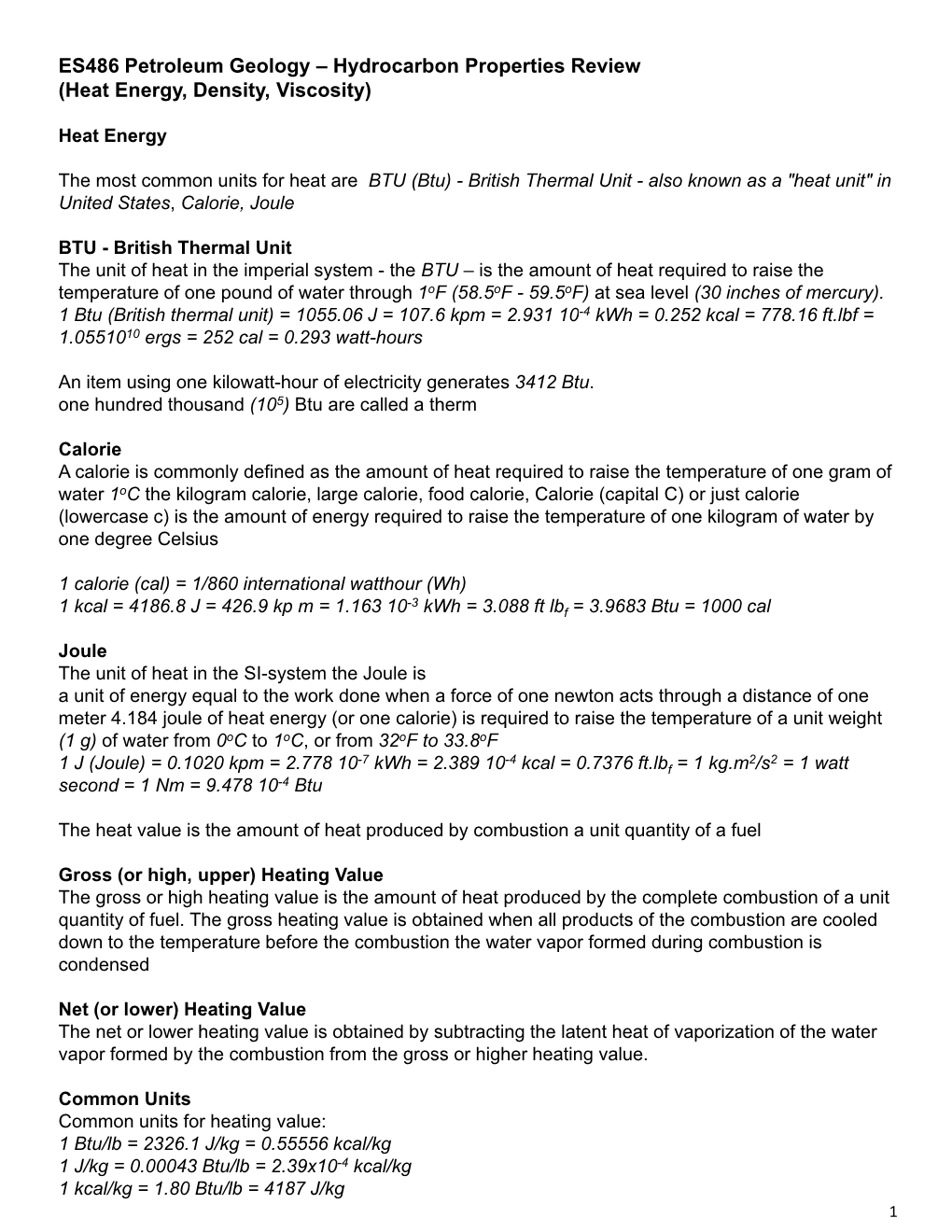 Hydrocarbon Properties Review (Heat Energy, Density, Viscosity)