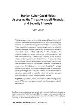 Iranian Cyber Capabilities: Assessing the Threat to Israeli Financial and Security Interests