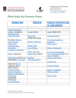 Plant Index by Common Name SHRUBS TREES GROUNDCOVER