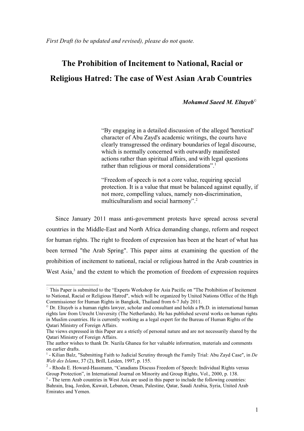 The Prohibition of Incitement to National, Racial Or Religious Hatred: the Case of West Asian Arab Countries∗